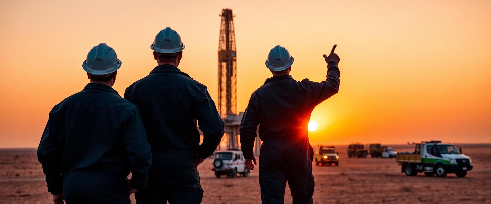 Wombili Blessing engineers overlooking an onshore drilling field at sunset