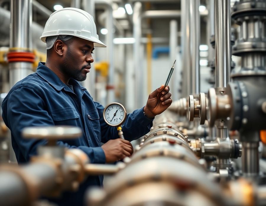 Technician inspecting pipework at a gas processing plant